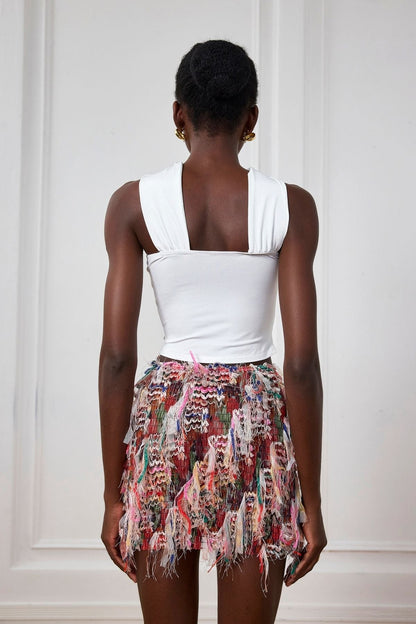 Alianna Püsküllü Çizgili Mini Etek