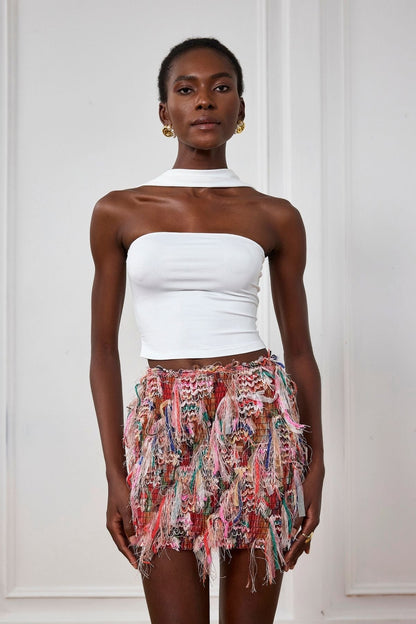 Alianna Püsküllü Çizgili Mini Etek