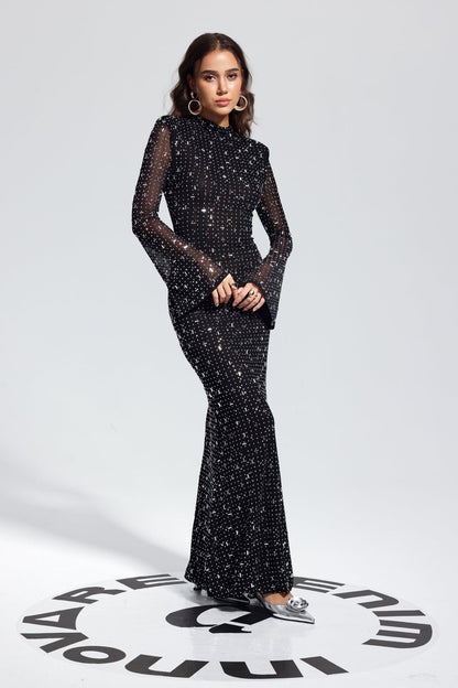 Andie Taşlı Bodycon Uzun Kollu Maxi Elbise