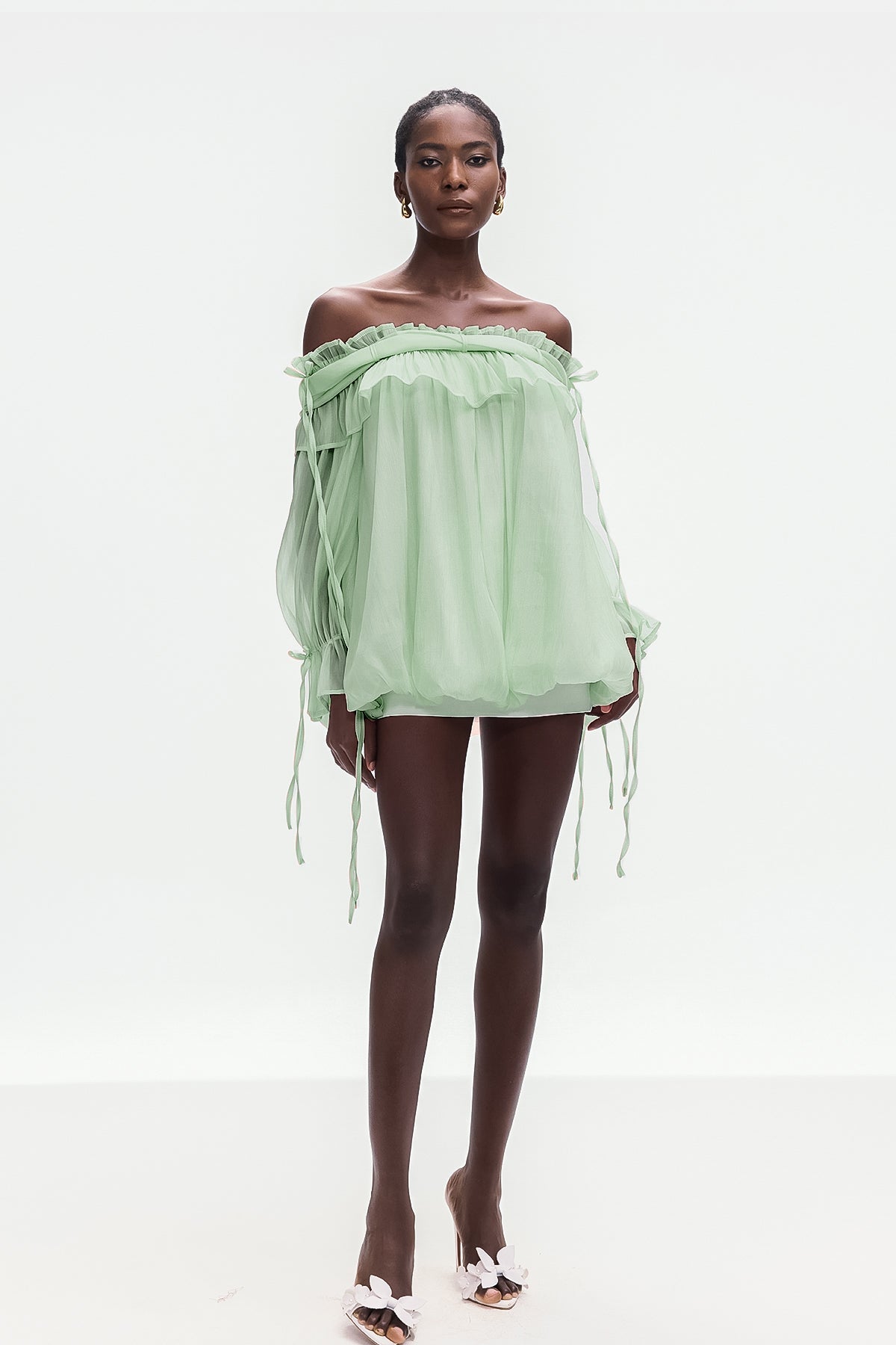 Aneirin Omuz Açık Yeşil File Volanlı Üst