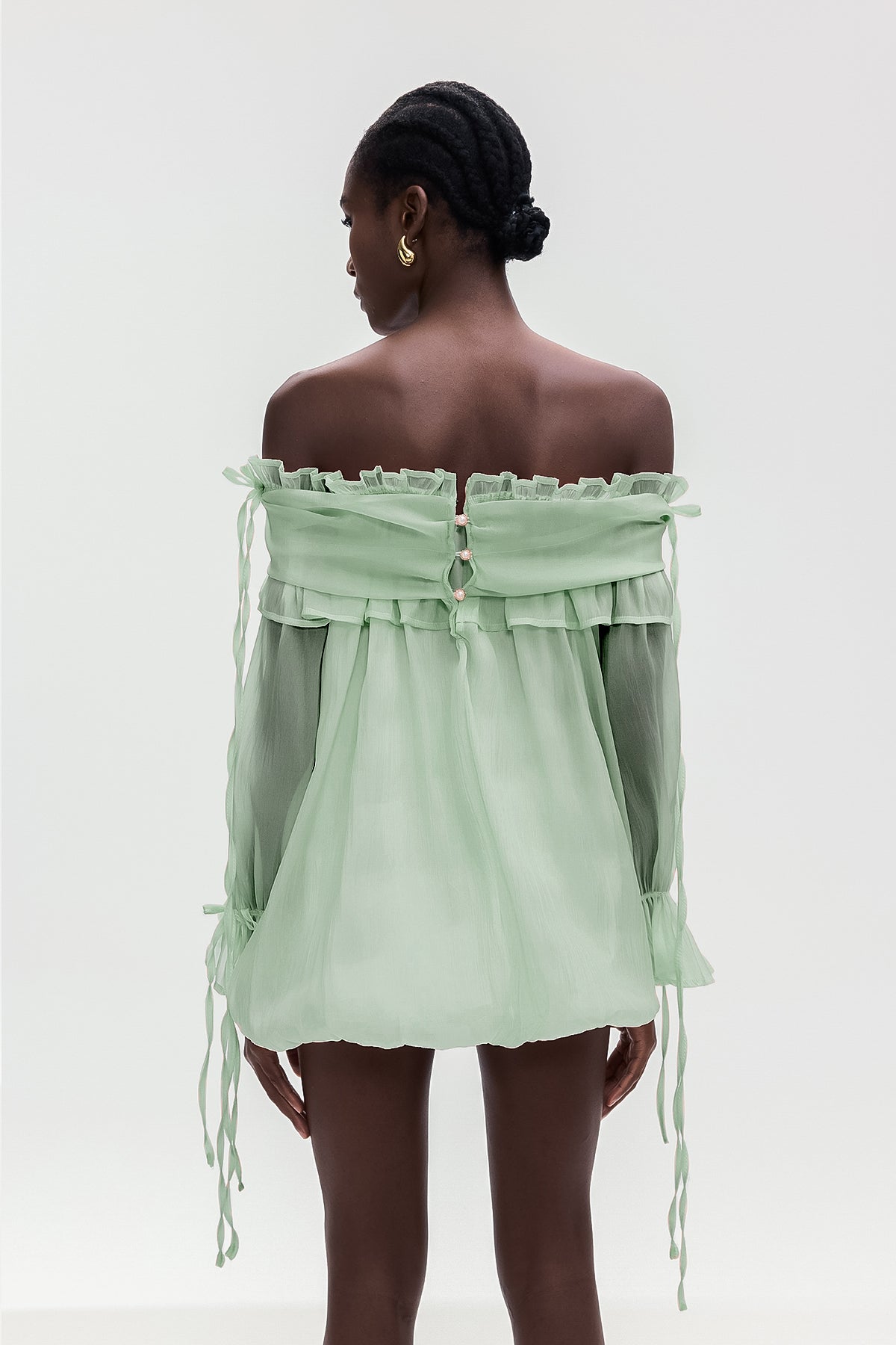 Aneirin Omuz Açık Yeşil File Volanlı Üst