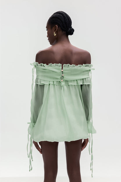 Aneirin Omuz Açık Yeşil File Volanlı Üst