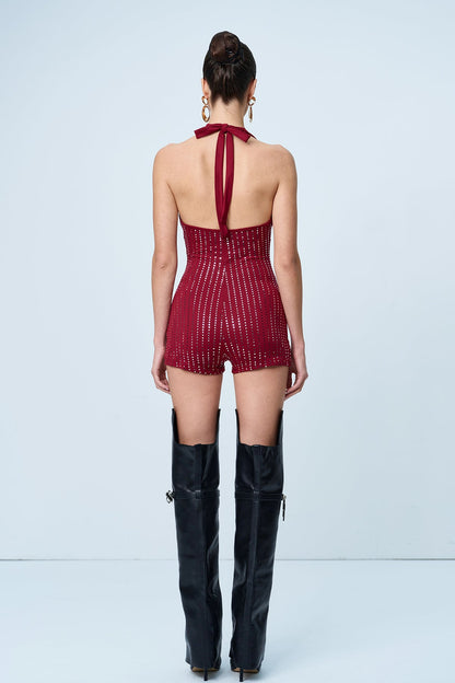 Anisa Kırmızı Renkli Rhinestone Sırtı Açık Body