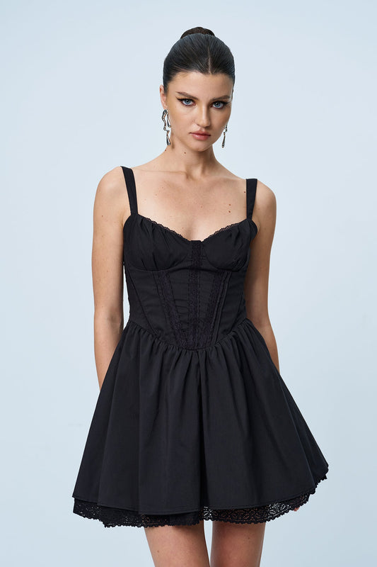 Anjolie Bow Ruch Ruffle Mini Elbise Siyah