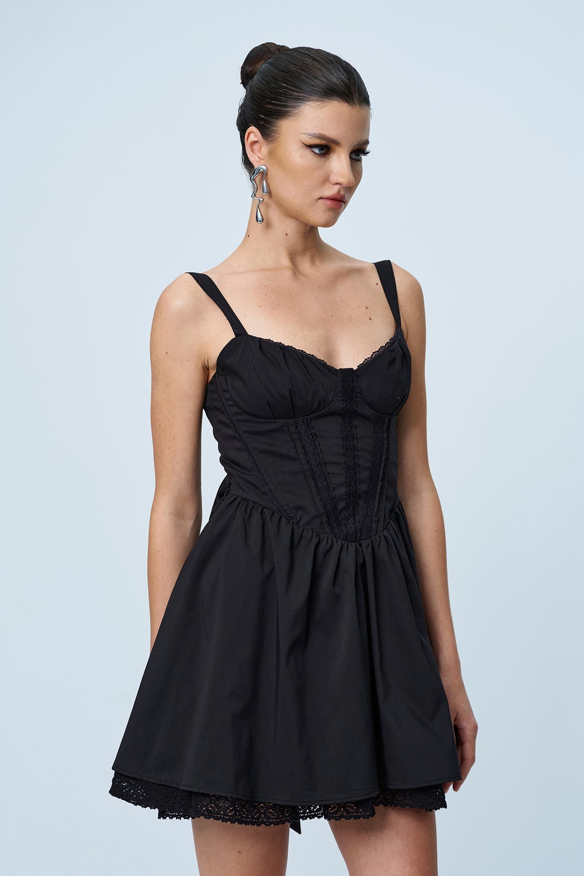 Anjolie Bow Ruch Ruffle Mini Elbise Siyah