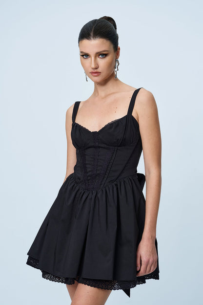 Anjolie Bow Ruch Ruffle Mini Elbise Siyah