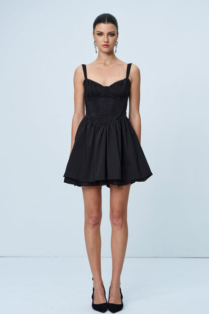 Anjolie Bow Ruch Ruffle Mini Elbise Siyah