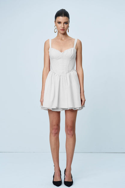 Anjolie Bow Ruch Ruffle Mini Elbise Beyaz