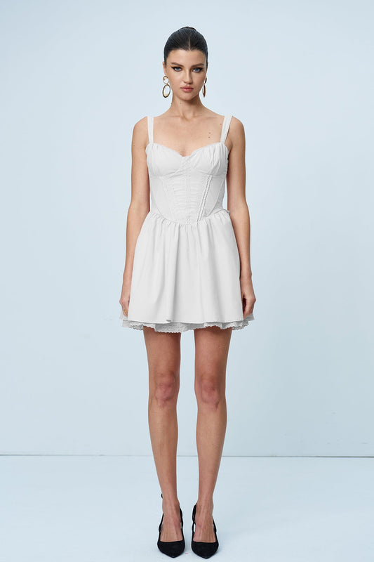 Anjolie Bow Ruch Ruffle Mini Elbise Beyaz