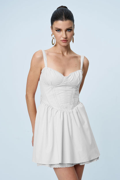 Anjolie Bow Ruch Ruffle Mini Elbise Beyaz