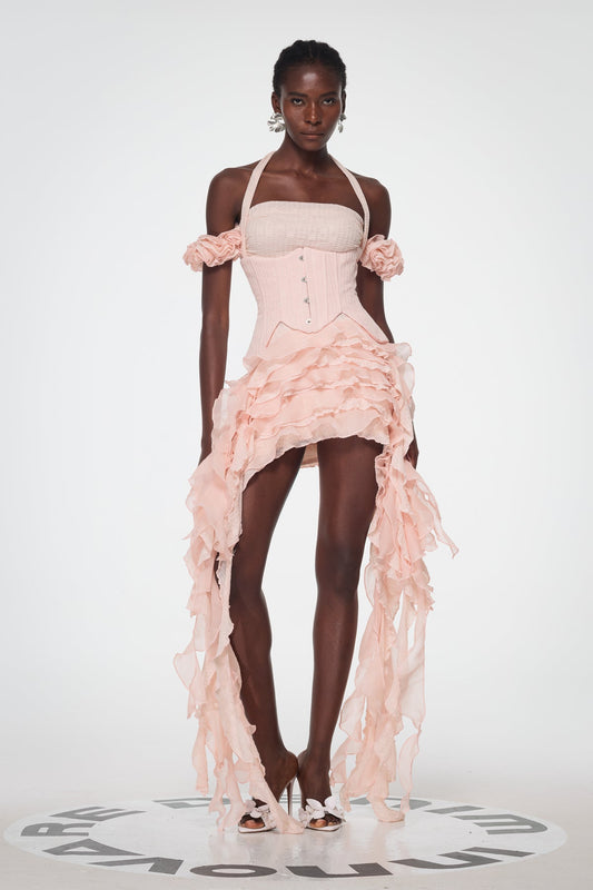 Baha Ruch Ruffle Fringe Mini Elbise Pembe