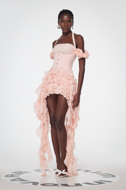 Baha Ruch Ruffle Fringe Mini Elbise Pembe