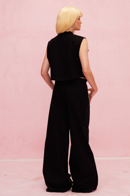 Beat Rhinestone Cutout Love Kot Pantolon Takımı
