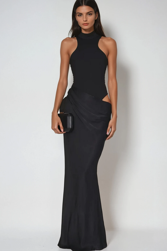 Beres Tank Top Saten Uzun Elbise Siyah