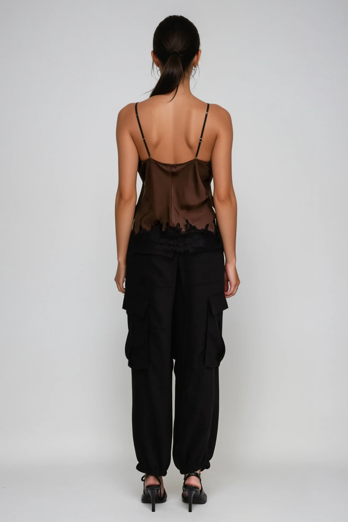 Bess Lace Saten Üst Kahverengi
