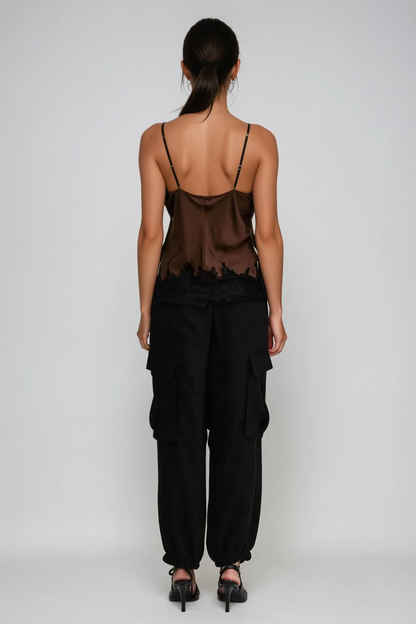 Bess Lace Saten Üst Kahverengi