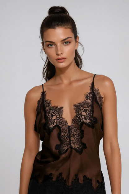 Bess Lace Saten Üst Kahverengi