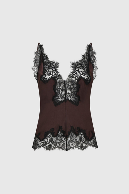 Bess Lace Saten Üst Kahverengi