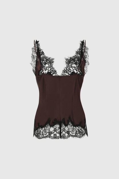 Bess Lace Saten Üst Kahverengi