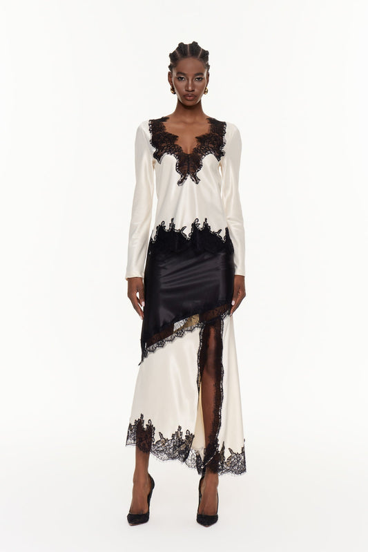 Bess Plunge Bölünmüş Dantel Etek Takımı Bej