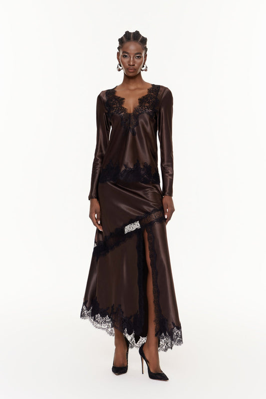 Bess Bölünmüş Dantel Etek Takımı Kahverengi