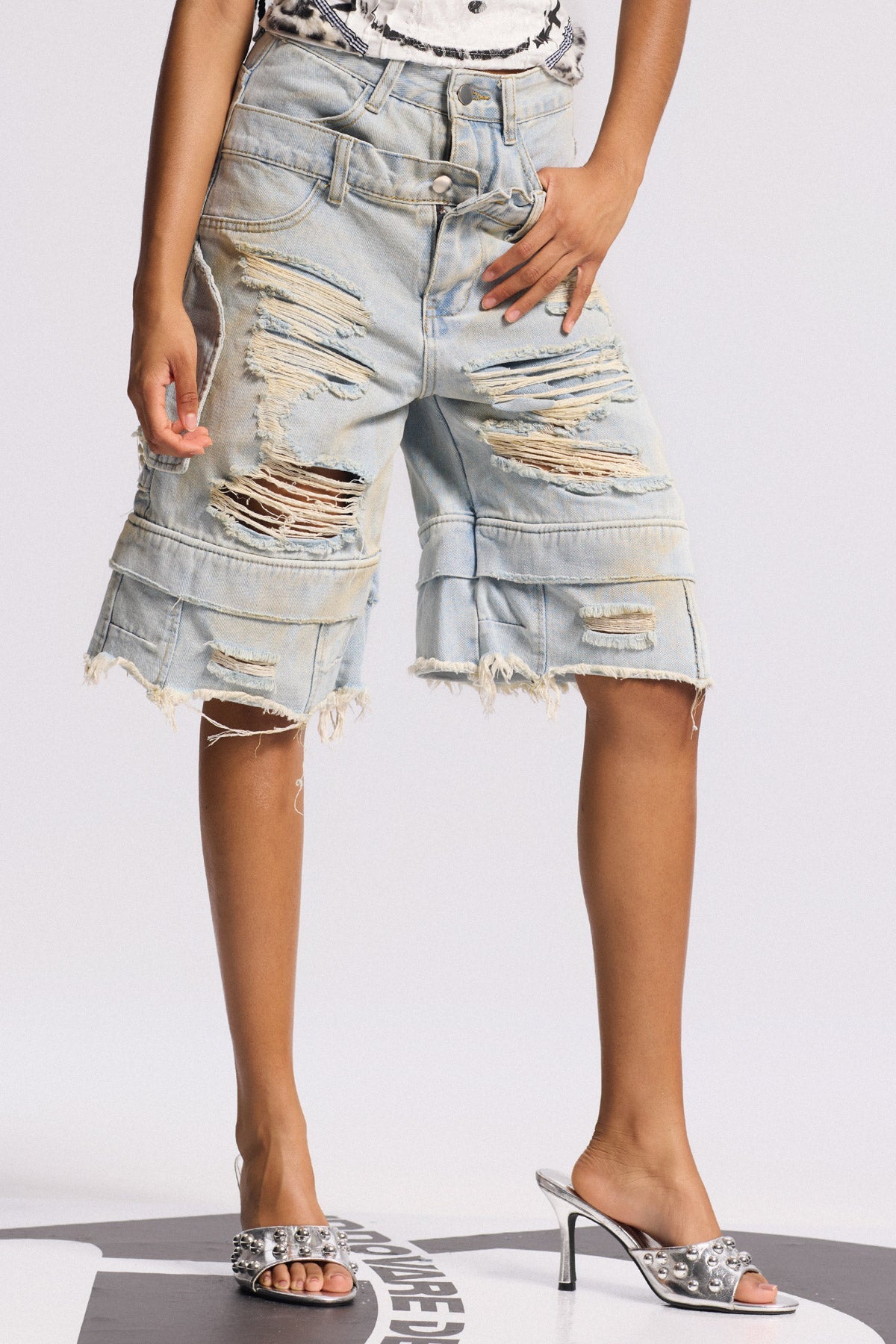 Bijay Deconstruct Yırtık Ağartılmış Midi Kot Pantolon
