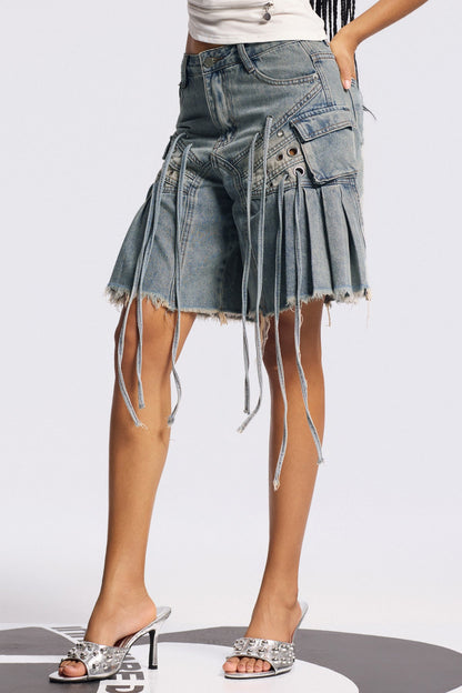 Bile Fringe Ruffle Midi Pantolon Derin Mavi