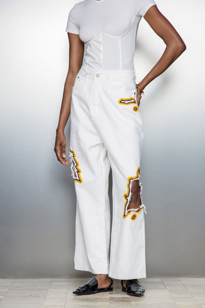 Billie Beyaz Kesimli İşlemeli Kot Pantolon