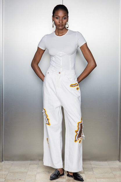 Billie Beyaz Kesimli İşlemeli Kot Pantolon