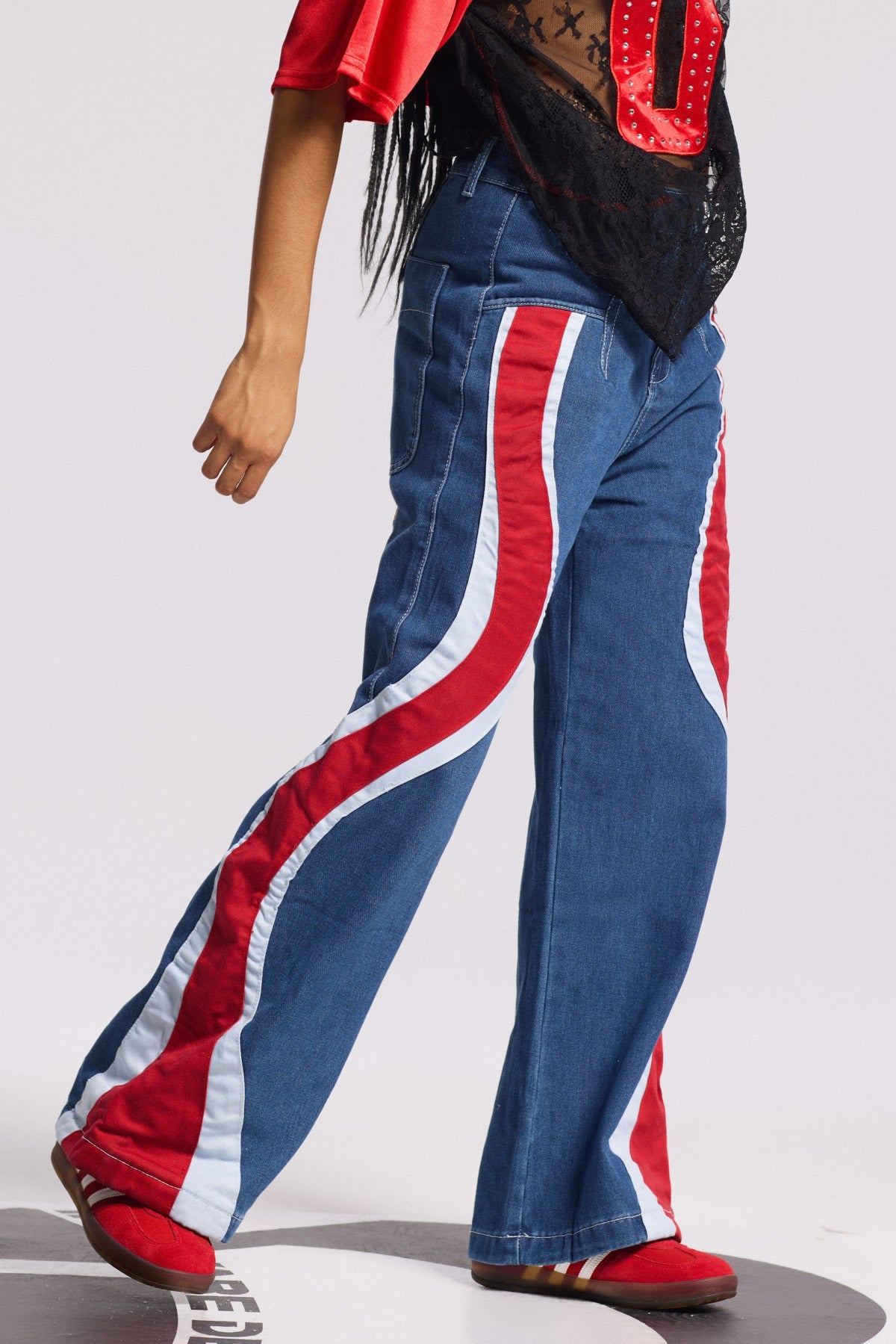 Bion Çizgili Geniş Paça Kot Pantolon