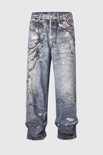 Birdie  Baskılı Geniş Paça Kot Pantolon