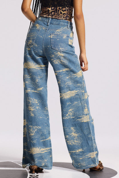 Bistra Tie Dye Yırtık Düz Kot Mavi
