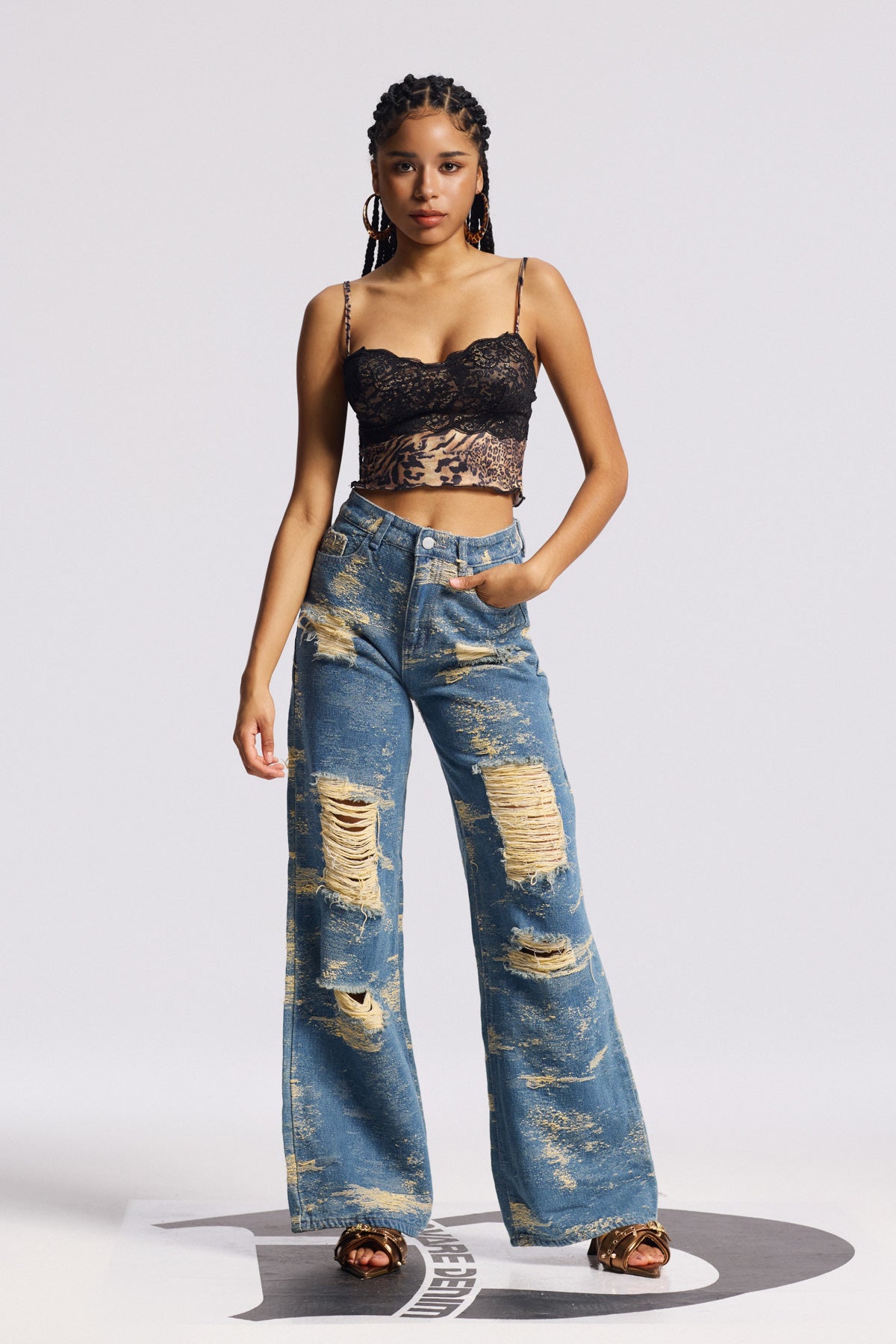 Bistra Tie Dye Yırtık Düz Kot Mavi