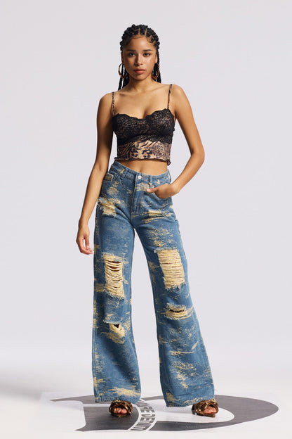 Bistra Tie Dye Yırtık Düz Kot Mavi