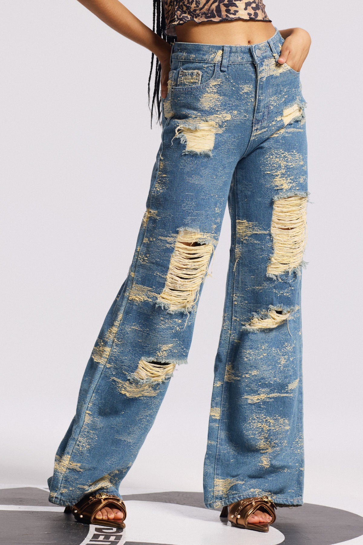 Bistra Tie Dye Yırtık Düz Kot Mavi