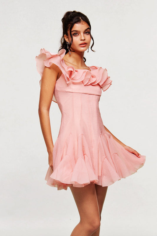 Blago Pembe Volanlı Korse Mini Elbise