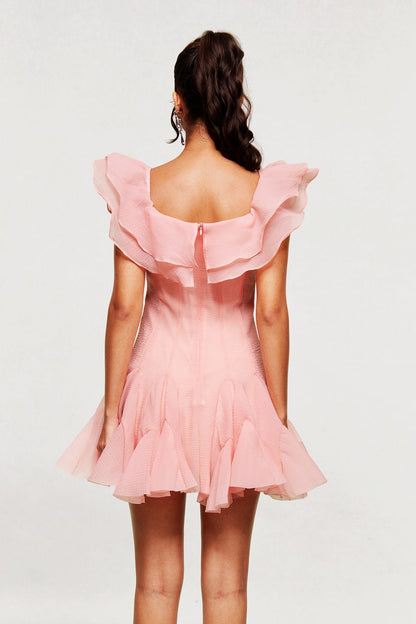 Blago Pembe Volanlı Korse Mini Elbise