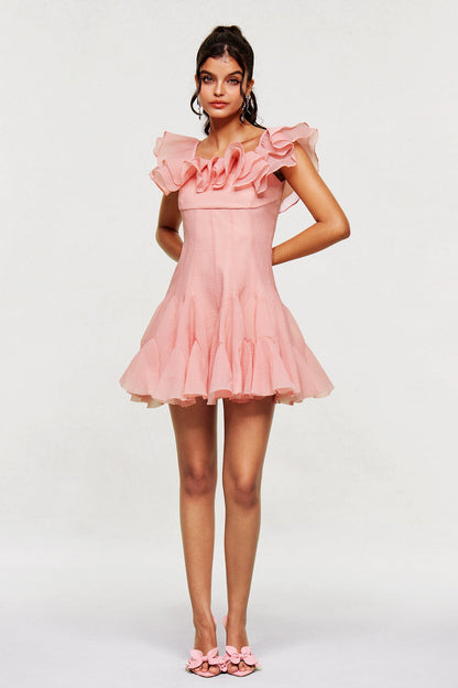 Blago Pembe Volanlı Korse Mini Elbise