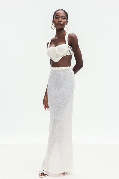 Bogdana Twist Cutout Örgü Etek Takımı Beyaz