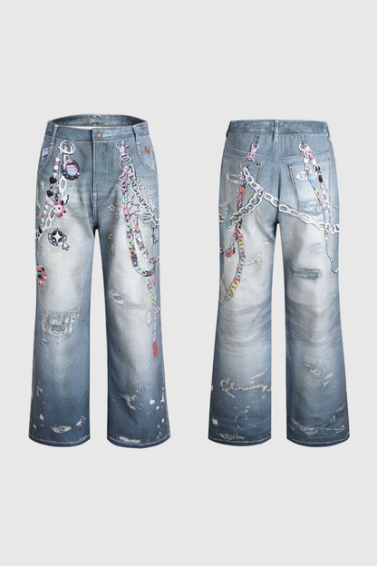Callahan Baskılı Geniş Paça Kot Pantolon
