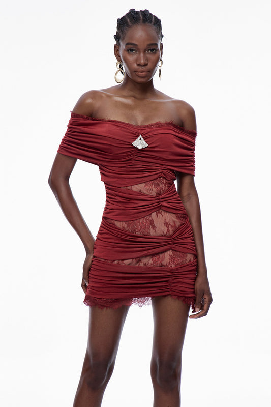 Carine Lace Rüs Omuz Açık Mini Elbise