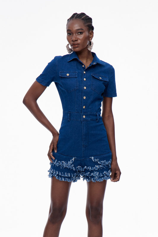 Carla Bodycon Saçaklı Kot Tulum