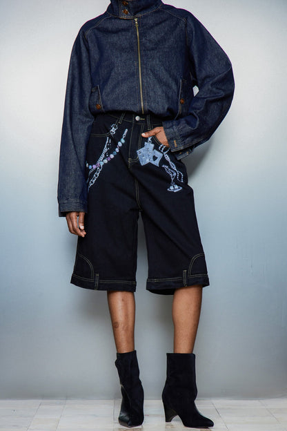 Siyah Cassia Zincir Baskılı Midi Kot Pantolon