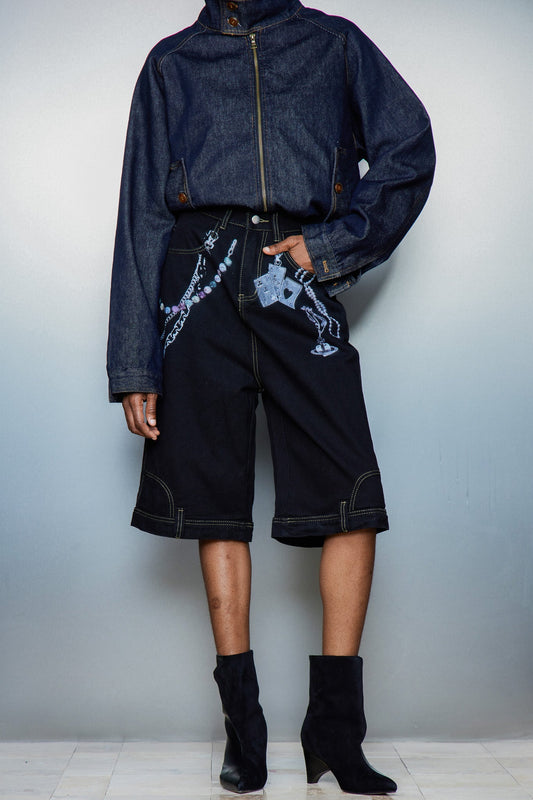 Siyah Cassia Zincir Baskılı Midi Kot Pantolon