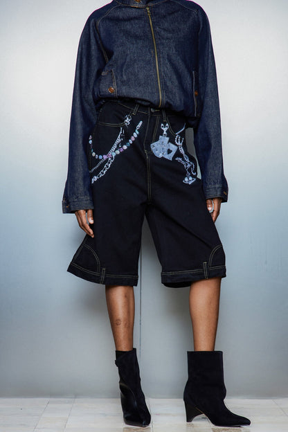 Siyah Cassia Zincir Baskılı Midi Kot Pantolon