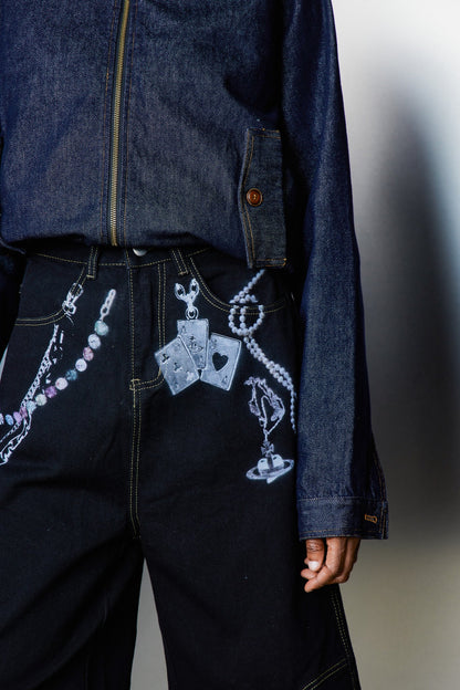 Siyah Cassia Zincir Baskılı Midi Kot Pantolon