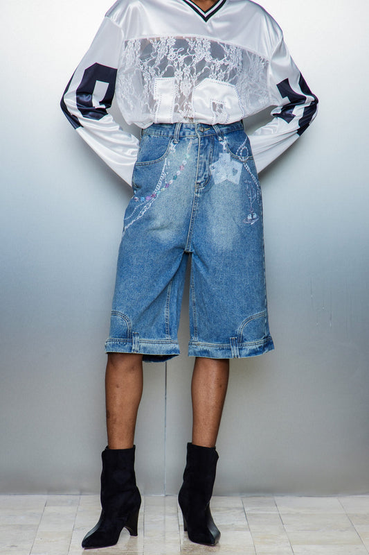 Cassia Zincir Baskılı Midi Mavi Kot Pantolon