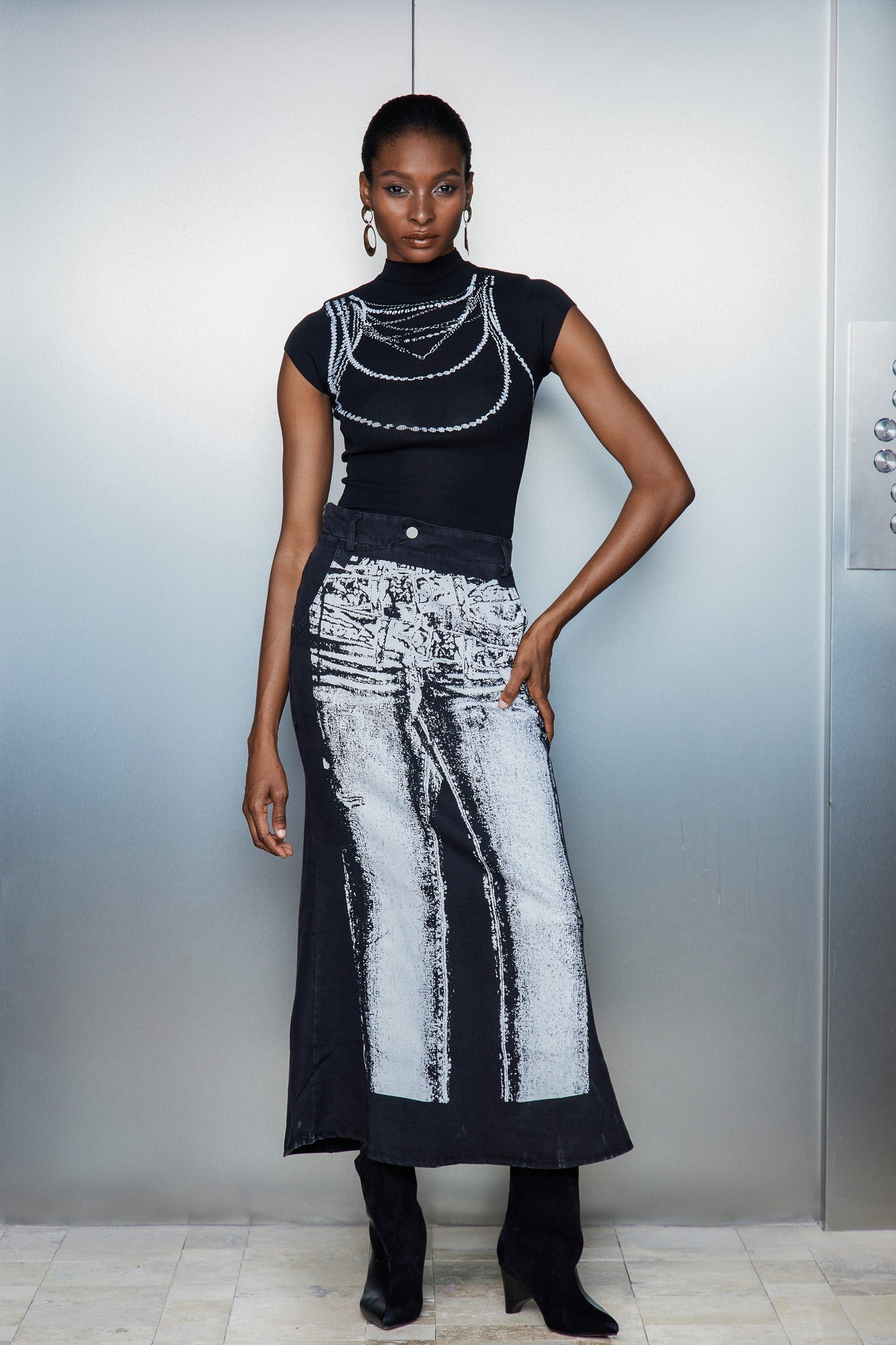 Cassiopea Illusion Baskılı Kot Uzun Etek