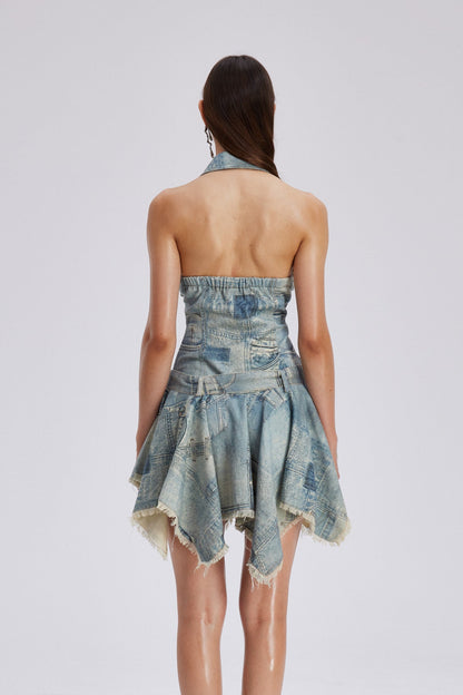 Chava Halter Yaka Baskılı Saçaklı Mini Elbise