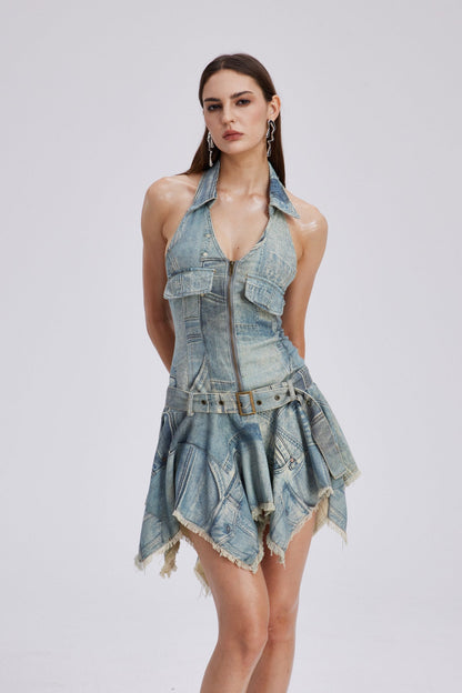 Chava Halter Yaka Baskılı Saçaklı Mini Elbise